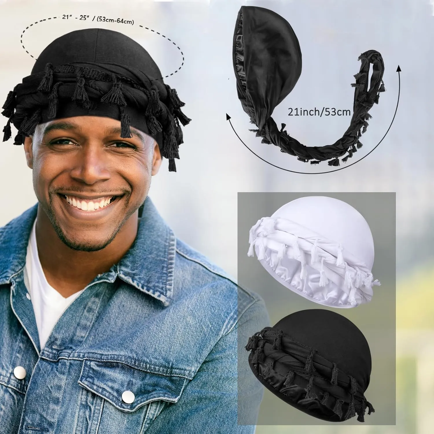 2 Pcs Satin Lined Turban With Long Twist Straps, Silky Head Wraps for Men, Halo Head Scarf for Hair