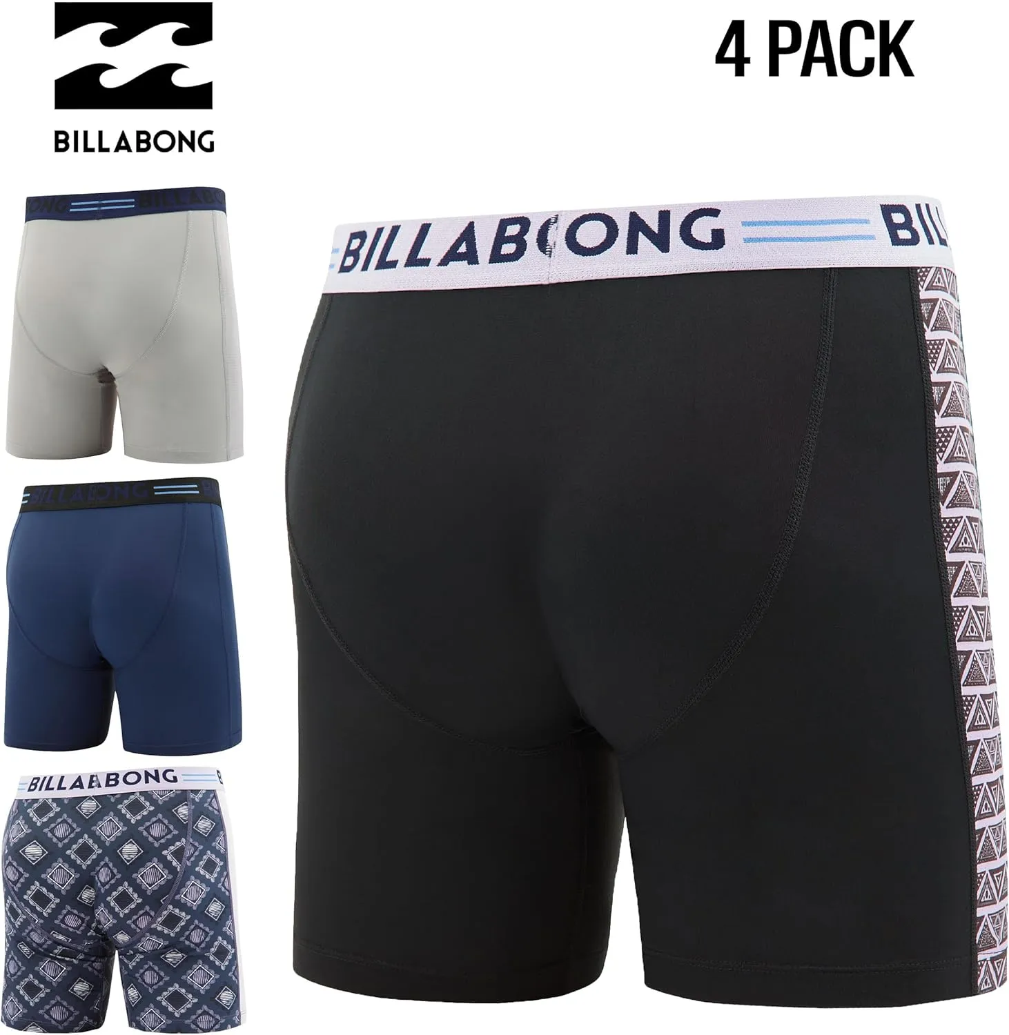 Billabong Mens Boxer Briefs 4 Pack Long Leg Performance Compression Shorts Mens Underwear 7.5?? Inseam
