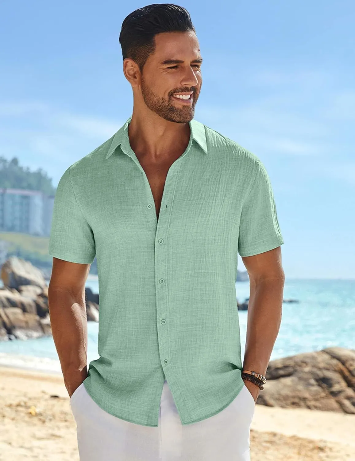 COOFANDY Men's Casual Button Down Shirts Short Sleeve Textured Summer Beach Shirt