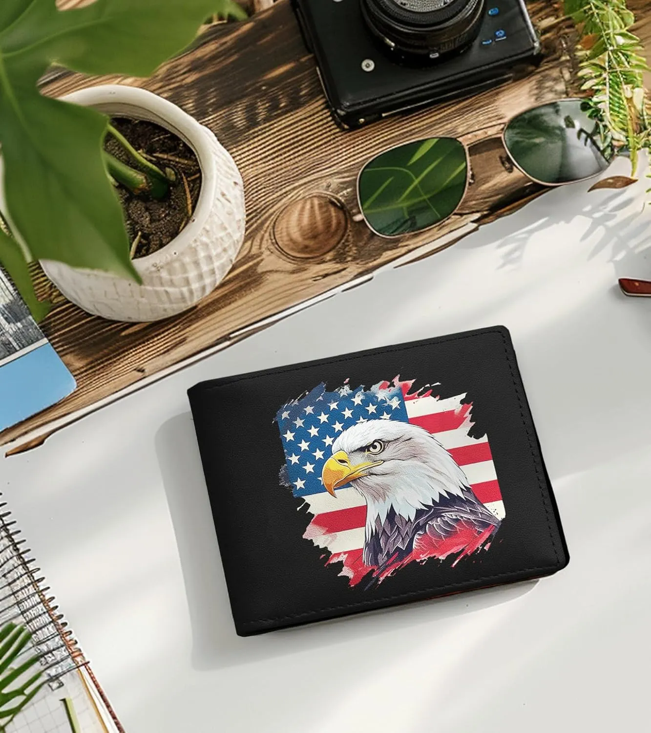 Credit Card Holder Wallet Rfid Blocking Kids Boys Bifold Teen Cool Cute for Cash with ID Window Cardholder Teenage Teenager, Flag and Eagle