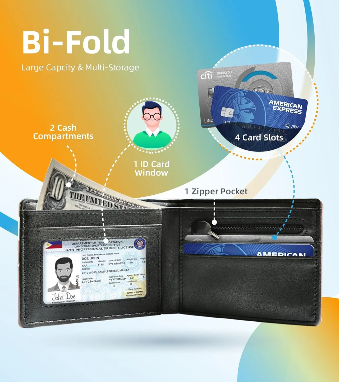 Credit Card Holder Wallet Rfid Blocking Kids Boys Bifold Teen Cool Cute for Cash with ID Window Cardholder Teenage Teenager, Flag and Eagle
