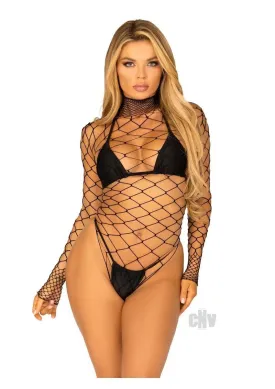 High Neck Fence Net Long Sleeved Bodysuit - One  Size - Black