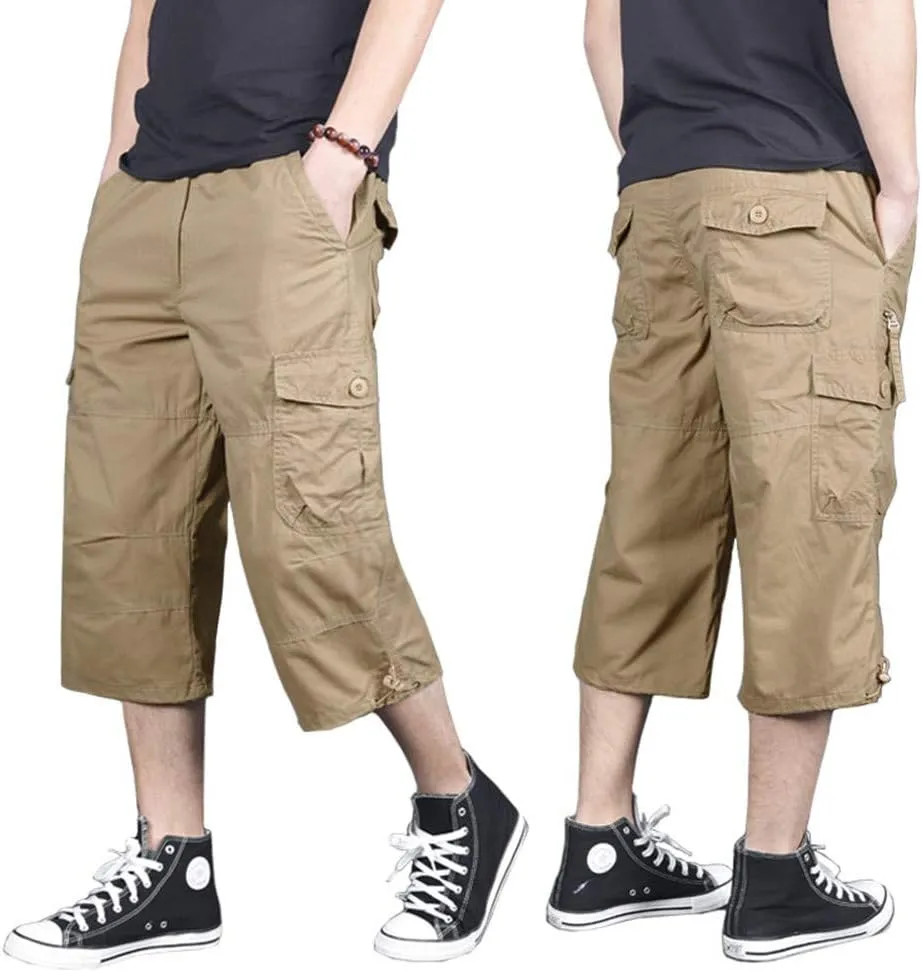 MAGNIVIT Men's Capri Long Elastic Cargo Shorts Below Knee Shorts 3/4 Cotton Cargo Casual Shorts with Multi-Pockets