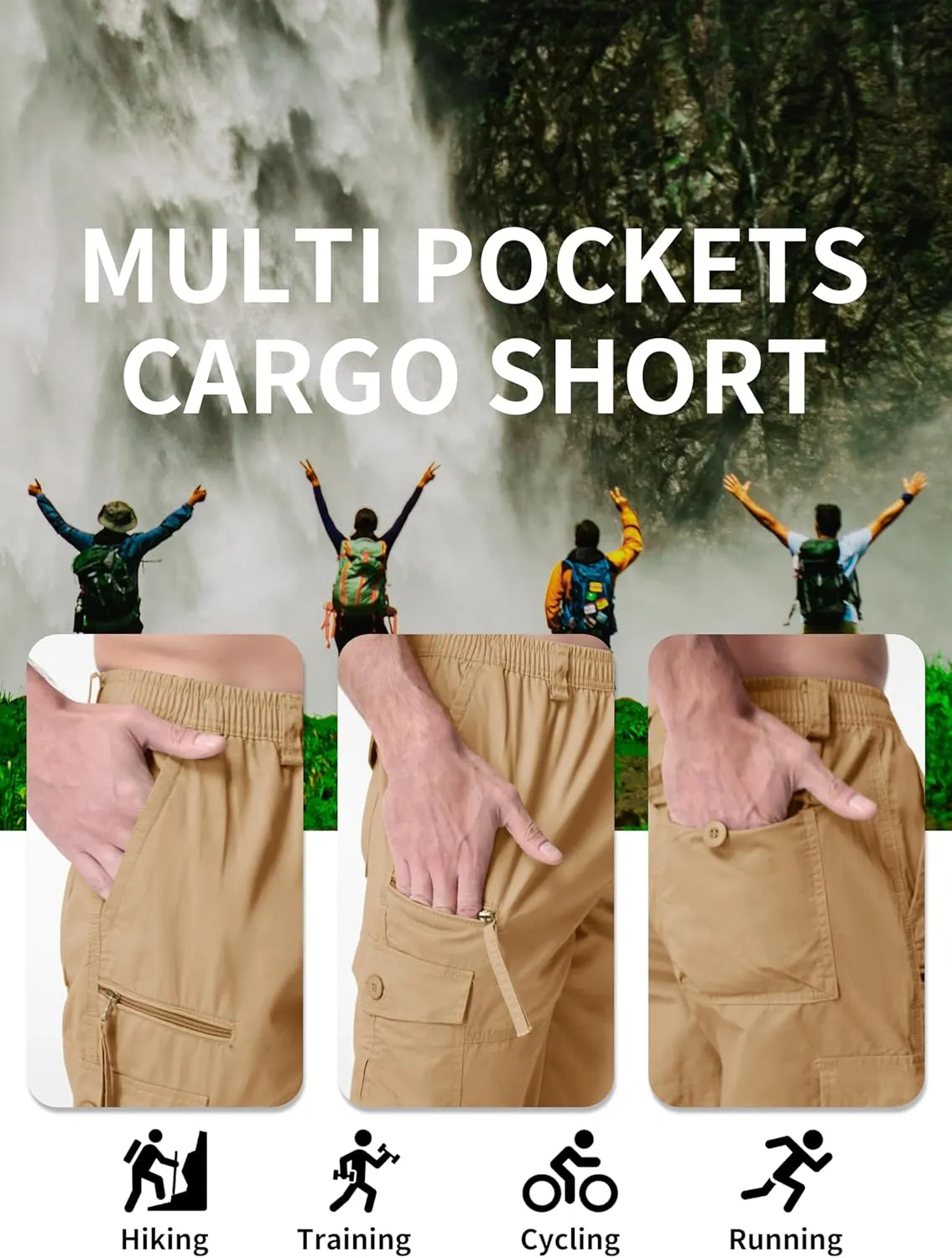 MAGNIVIT Men's Capri Long Elastic Cargo Shorts Below Knee Shorts 3/4 Cotton Cargo Casual Shorts with Multi-Pockets