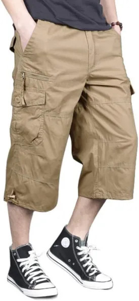 MAGNIVIT Men's Capri Long Elastic Cargo Shorts Below Knee Shorts 3/4 Cotton Cargo Casual Shorts with Multi-Pockets