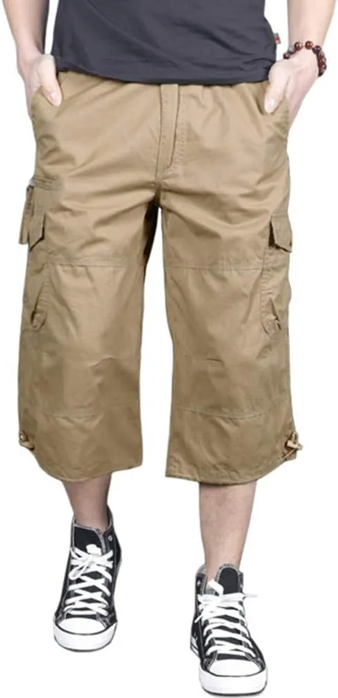 MAGNIVIT Men's Capri Long Elastic Cargo Shorts Below Knee Shorts 3/4 Cotton Cargo Casual Shorts with Multi-Pockets