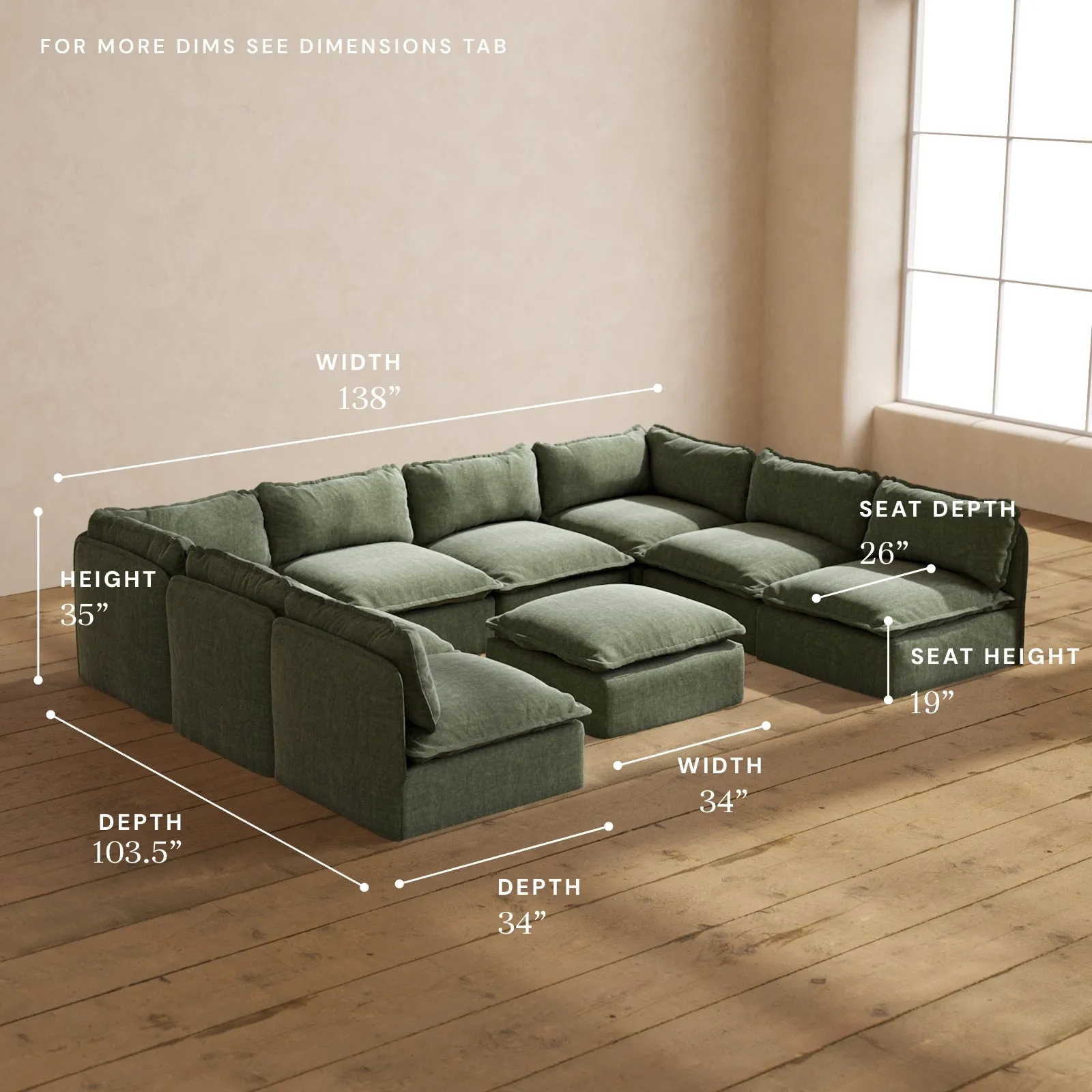 Modular Performance 8-Seater Open-Ends U-Sectional   Ottoman in Willow | Relaxed Blend