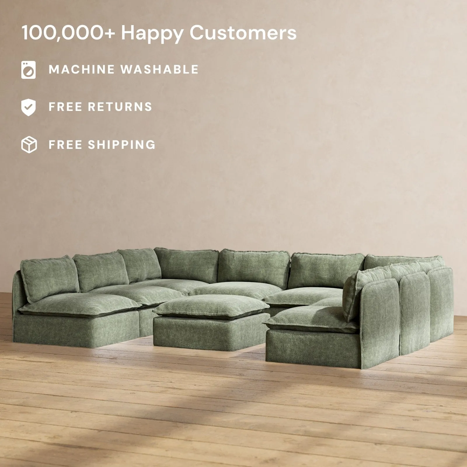 Modular Performance 8-Seater Open-Ends U-Sectional   Ottoman in Willow | Relaxed Blend