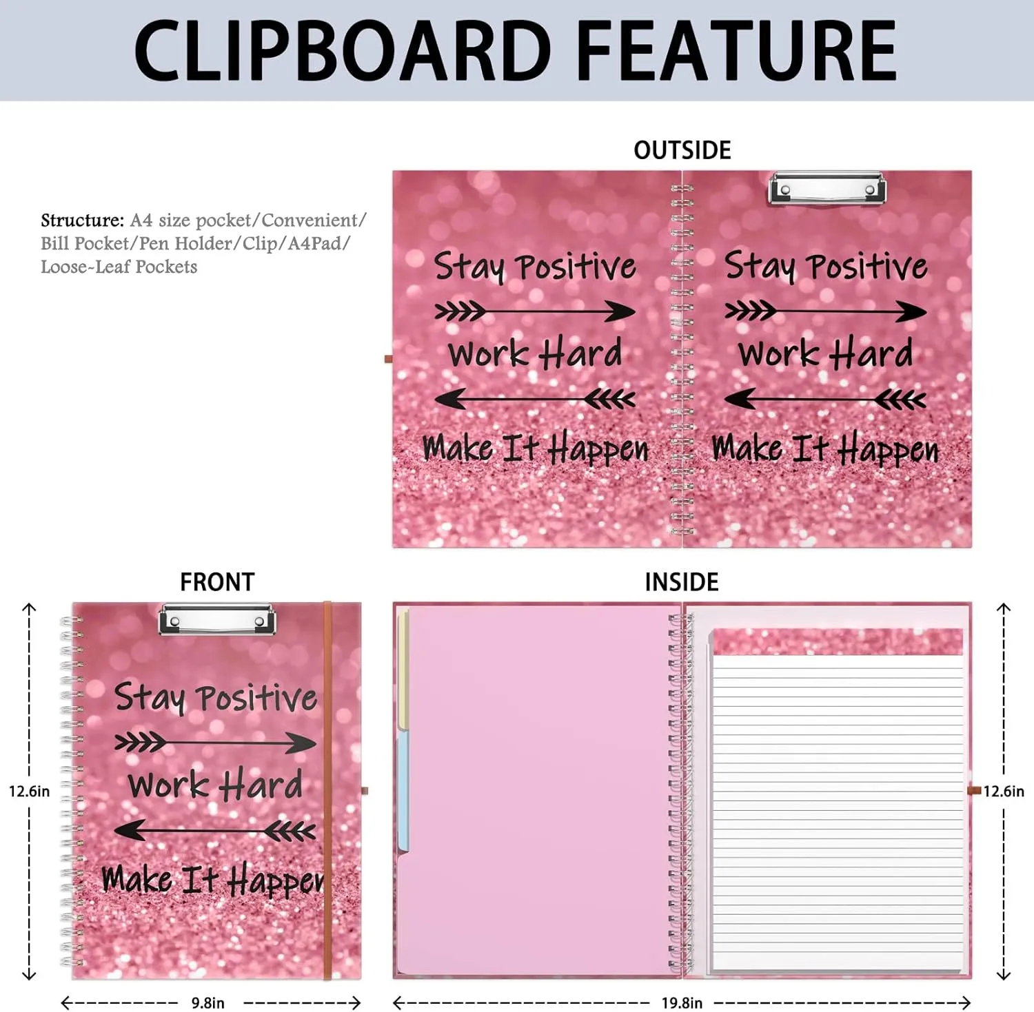 Rimilak Spiral Clipboard Folio with Refillable Lined Notepad, 14.5 x 9.8 in, Hardcover Cover with 5 Interior Pockets, Elastic Band and Pen Loop Series. Cute Stylish Clipfolio, Work Hard