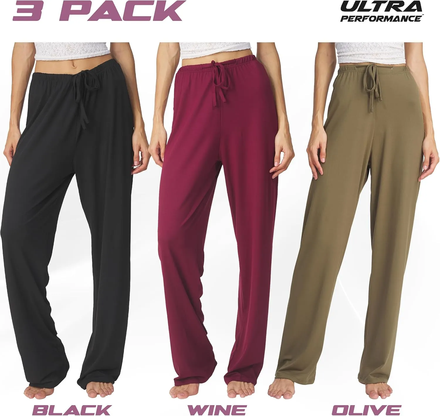 Ultra Performance Womens Pajama PJ Pants 3 Pack Lounge Bottoms Pajamas for Women (Avail in Plus Sizes)