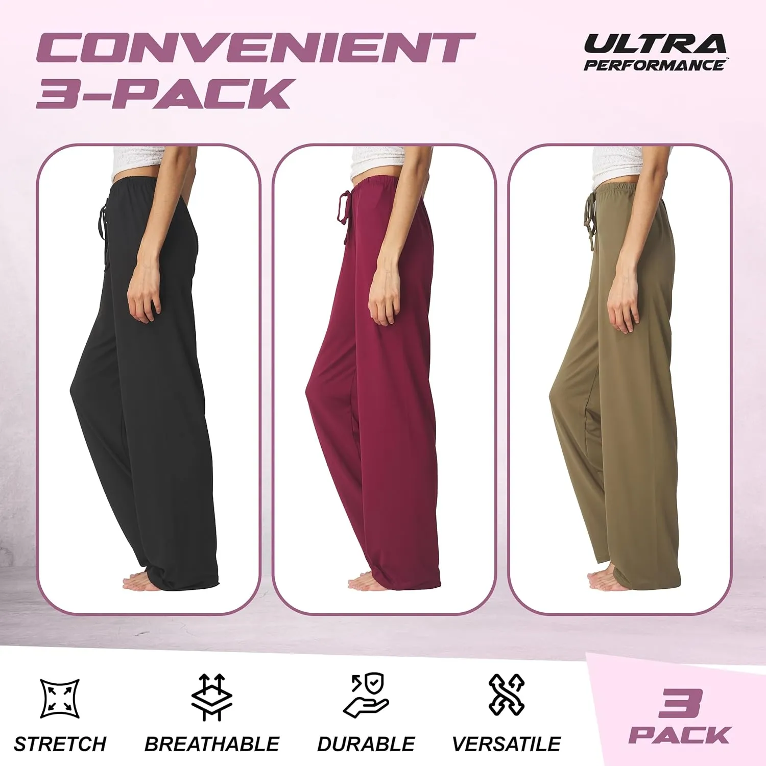 Ultra Performance Womens Pajama PJ Pants 3 Pack Lounge Bottoms Pajamas for Women (Avail in Plus Sizes)