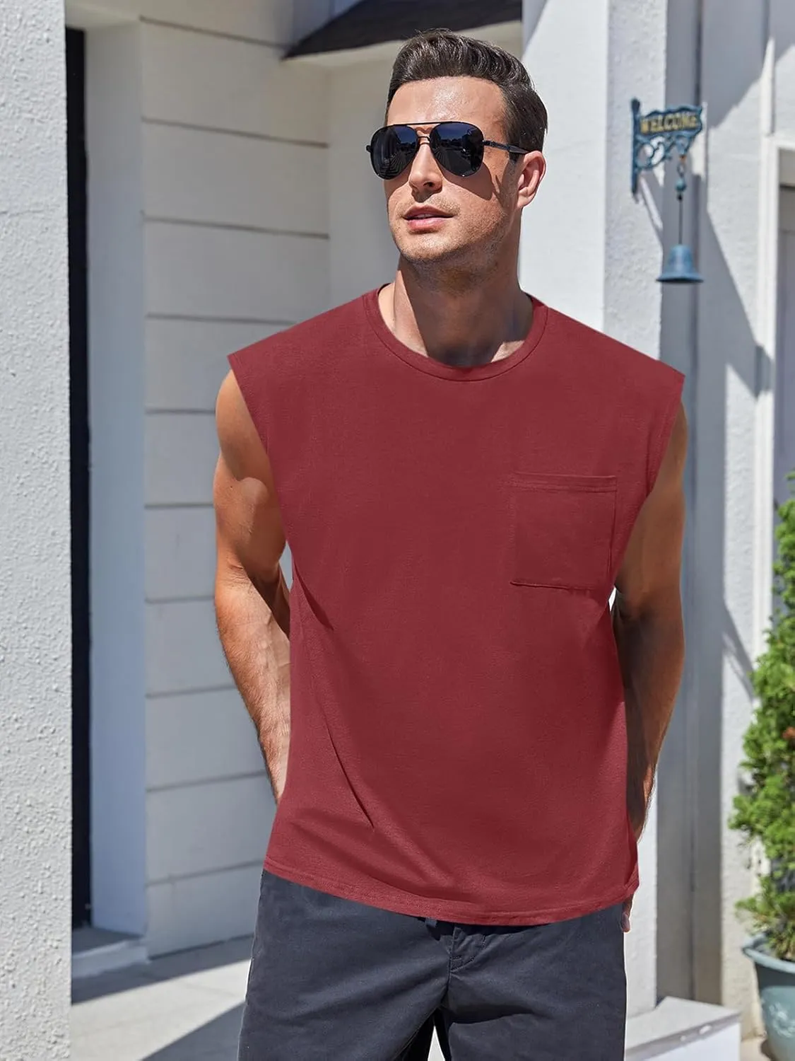 ZIWOCH Mens Sleeveless Tank Tops Workout Cut Off Shirts Muscle Gym T Shirts with Pocket