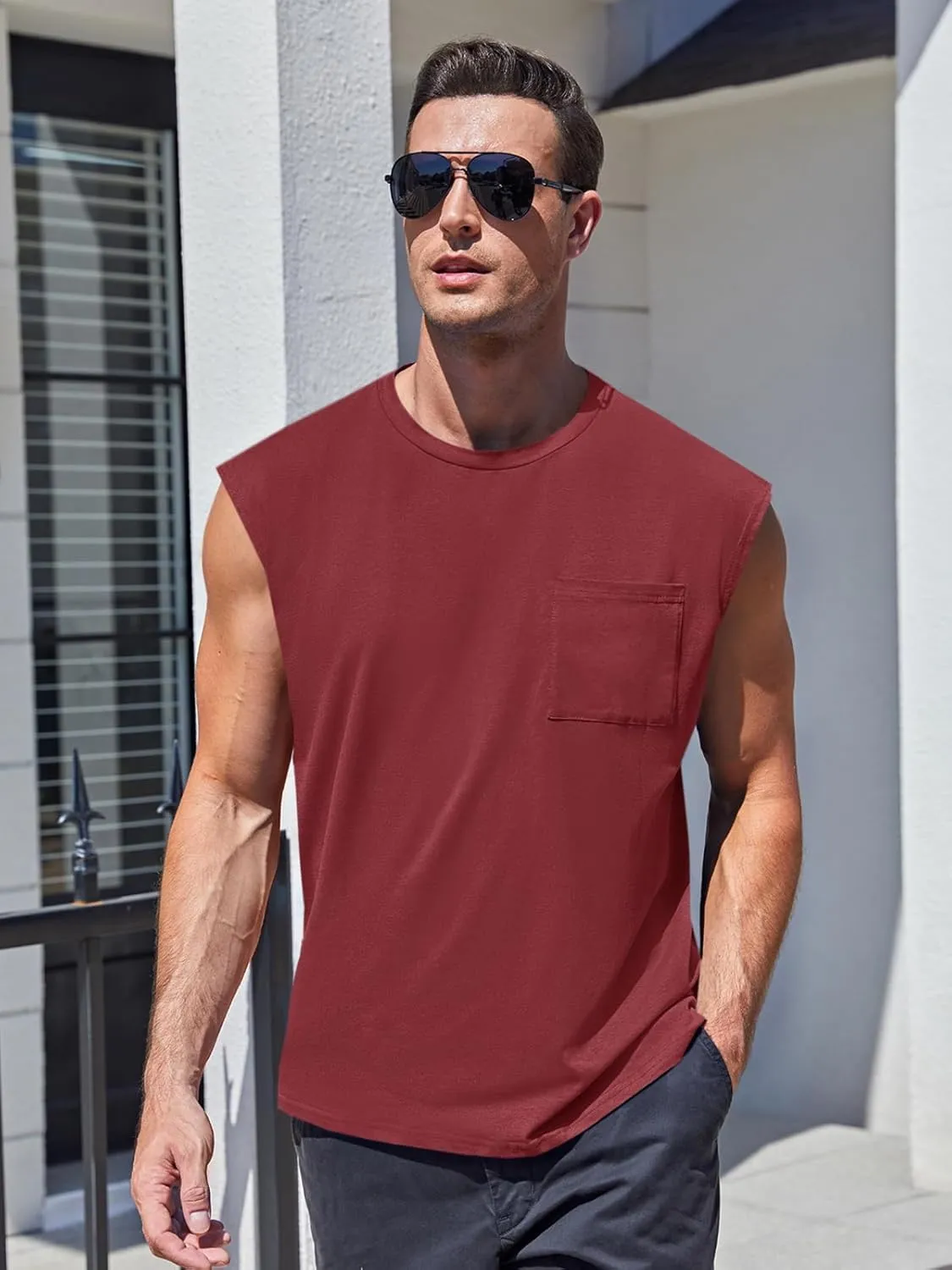 ZIWOCH Mens Sleeveless Tank Tops Workout Cut Off Shirts Muscle Gym T Shirts with Pocket